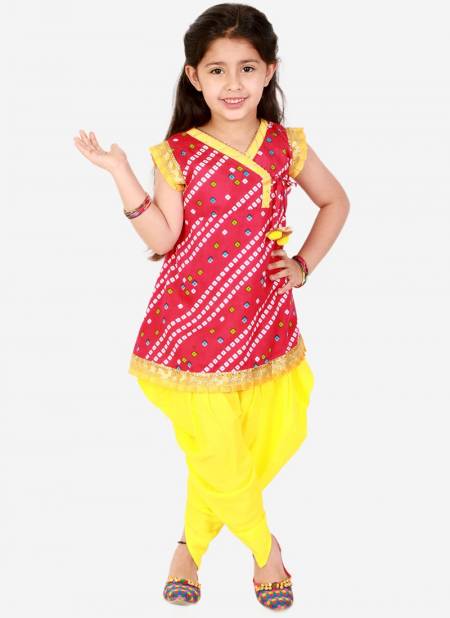 Pink And Yellow Colour KID1 Mira Frilly Festive Wear Sleeves Peplum Top with Dhoti Girls Collection K22DG188RA